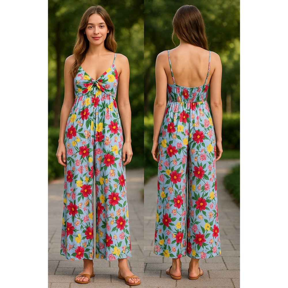 Old Navy Floral Jumpsuit Tie Strap Smocked‎ Back Casual Summer Lightweight L